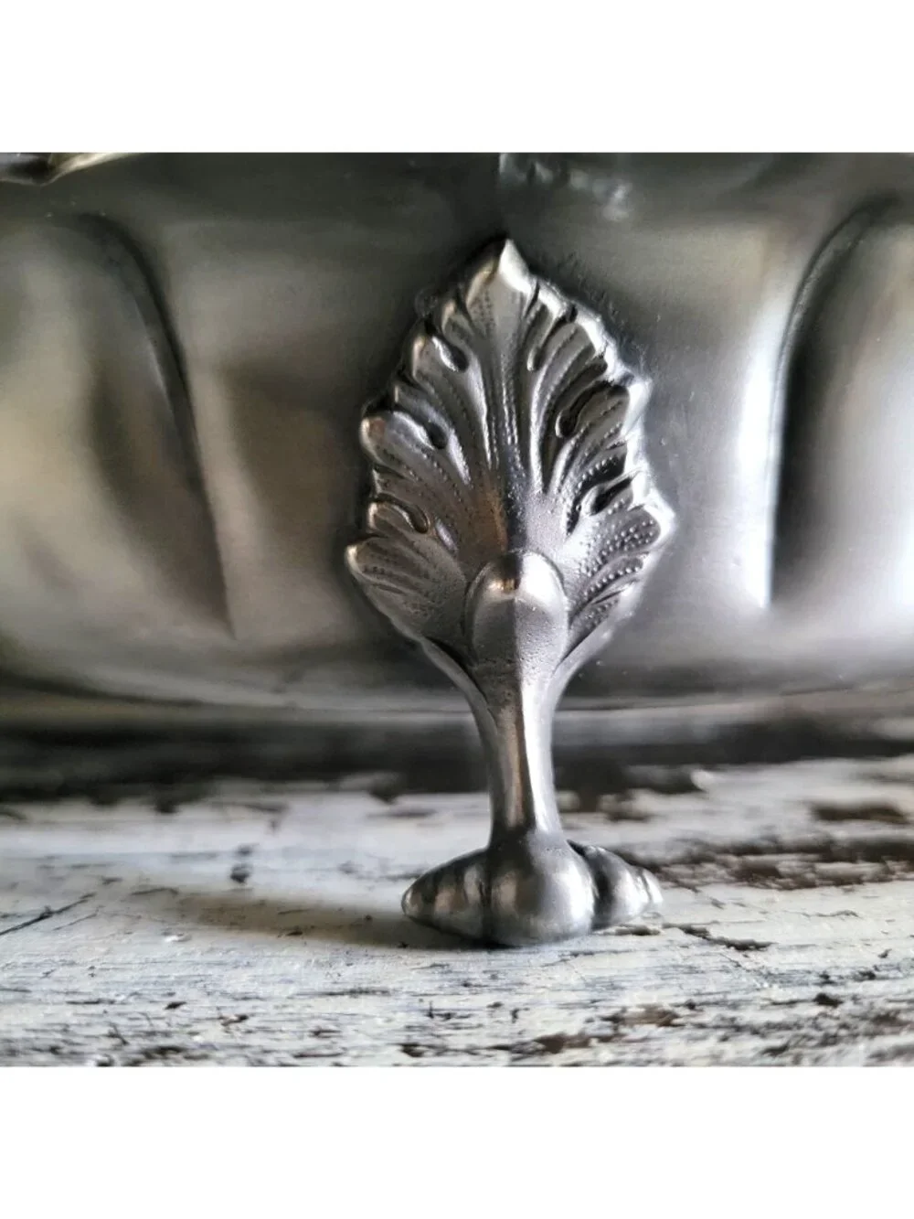 Vtg Footed Pewter Serving Bowl Centerpiece Bowl Ornate Details Scalloped Edges